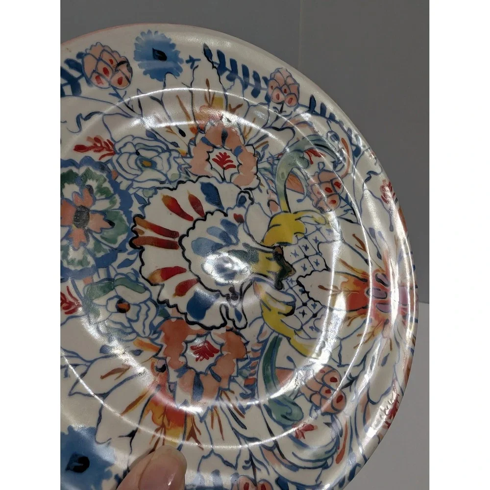 Anthropologie Floral Ceramic Salad Plate Pink Blue Hand Painted Style Boho